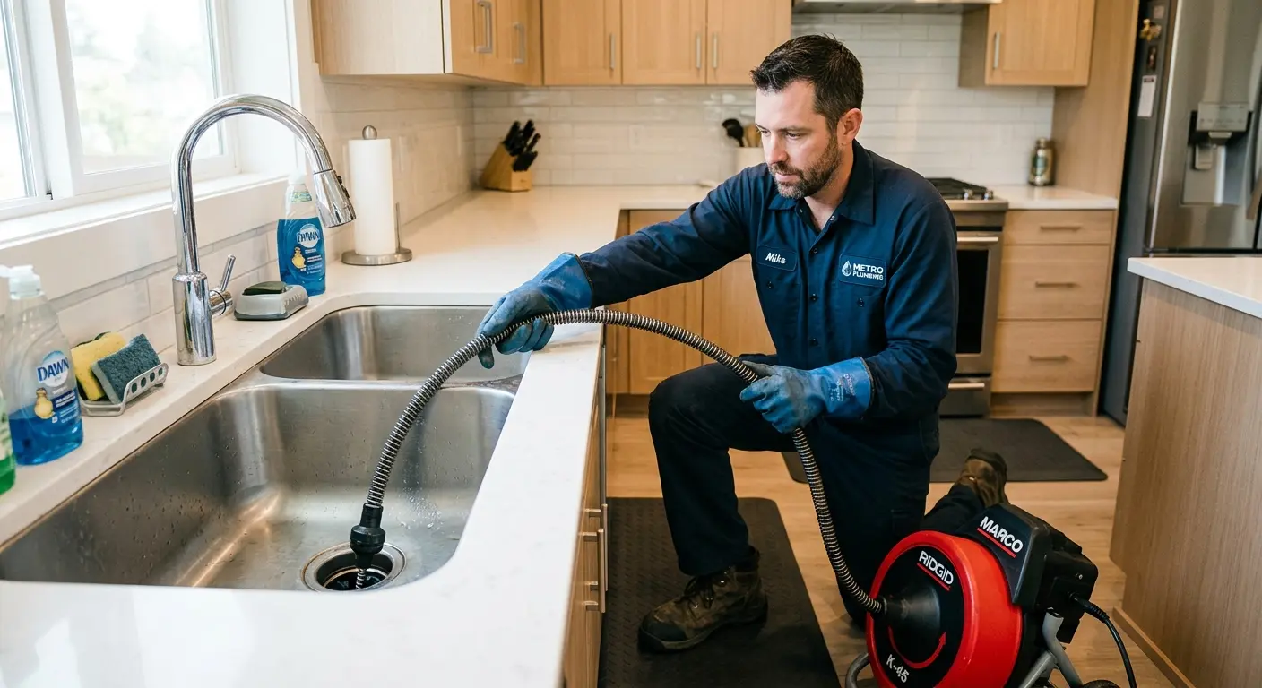 Drain cleaning technician using a motorized snake on a kitchen sink in Waller