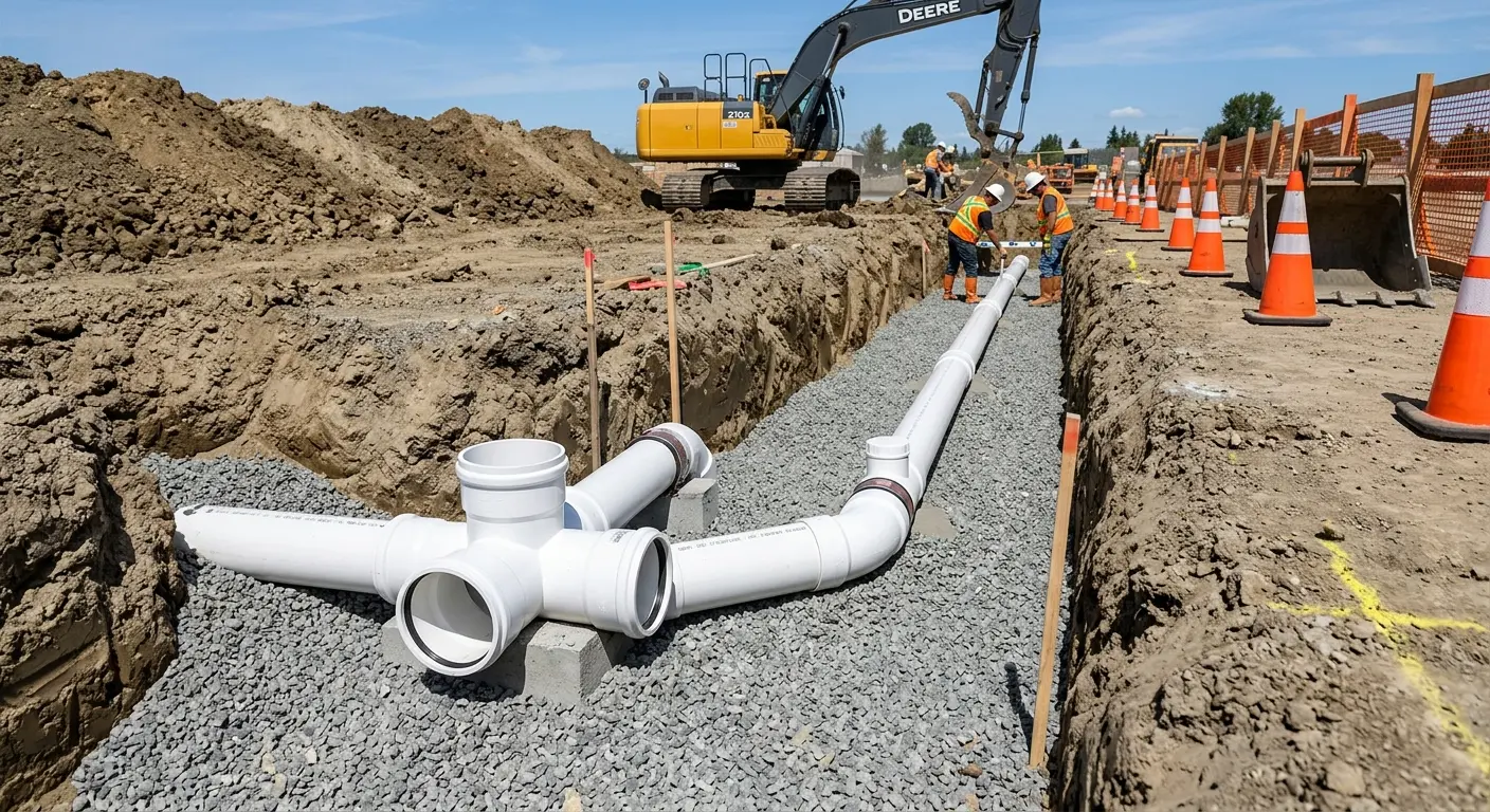 New PVC sewer pipe installation in open trench for Sewer Backup in Waller