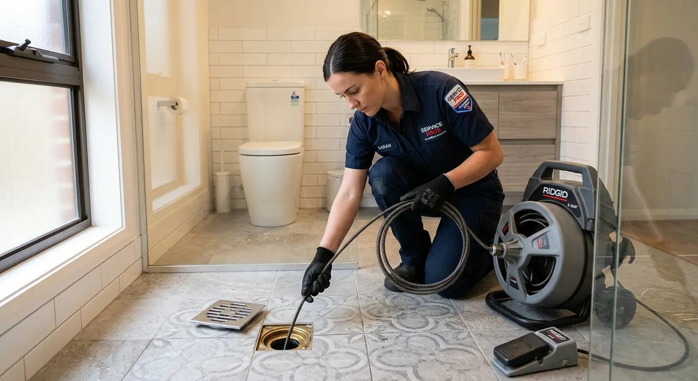 Technician clearing a bathroom floor drain for Drain Cleaning in Waller